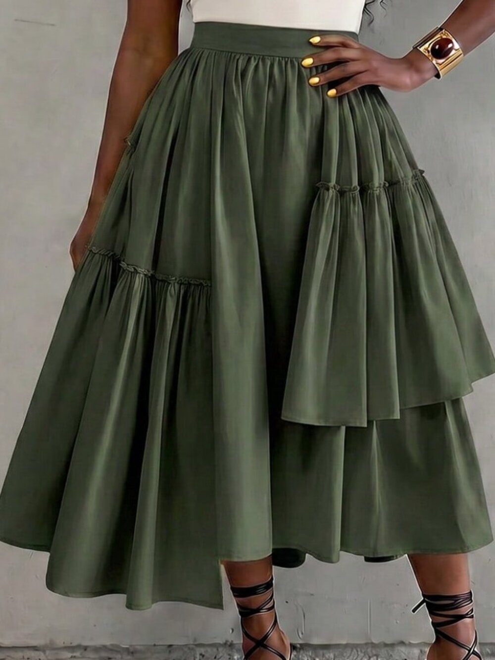 Green Casual Women's Elegant Brunch asymmetrical ruffled Skirt - Picture 4 of 5